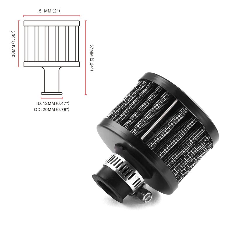 RASNONE 12mm Air Filter Cold Air Intake Filter Breather Turbo Vent Air Intake Filter Cleaner Black Universal for car and Motorcycle - Image 2